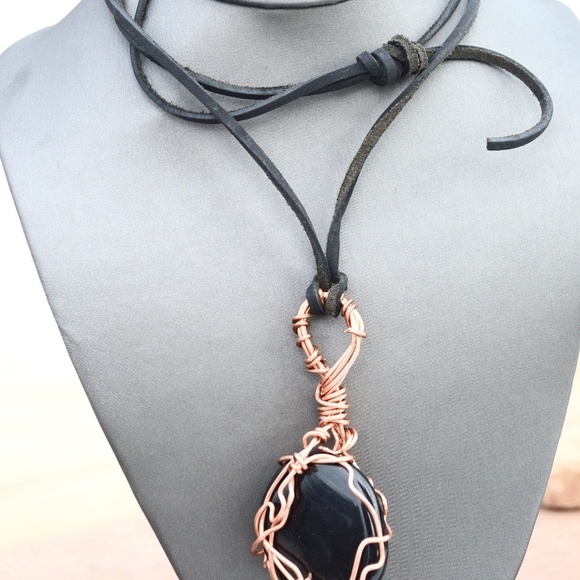 Black Obsidian Solid Copper Pendant Leather Necklace Handmade Artisan Wire Wrap - Picture 4 of 11